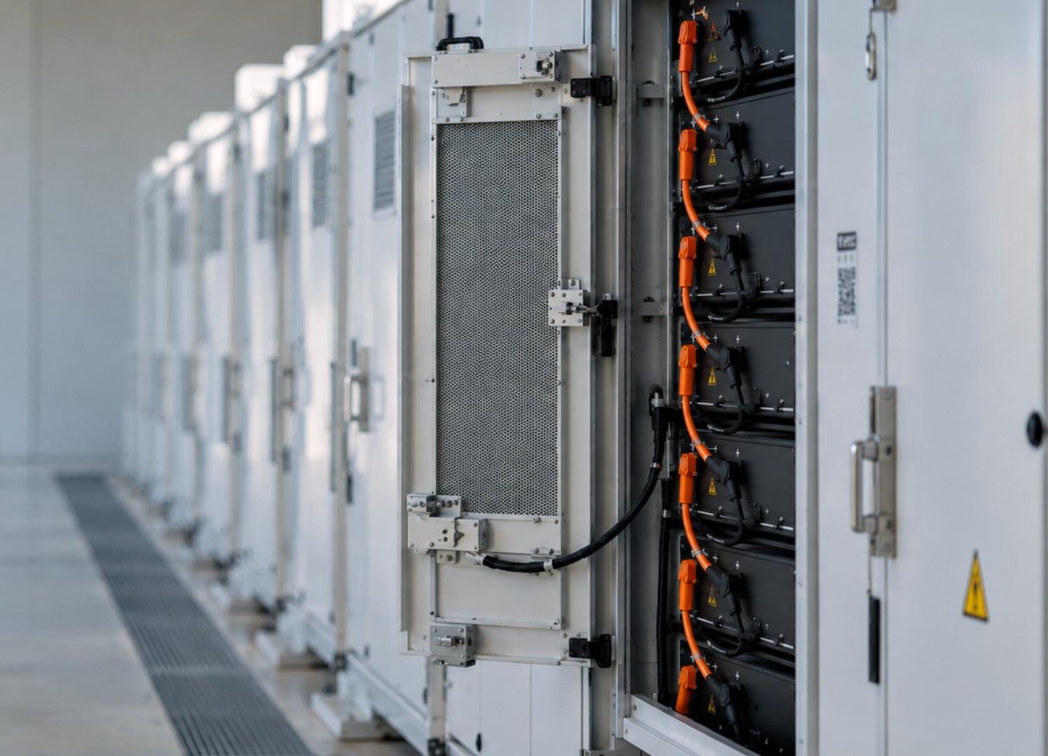 Gabinetes de un sistema BESS con módulos de batería y cableado de alta tensión