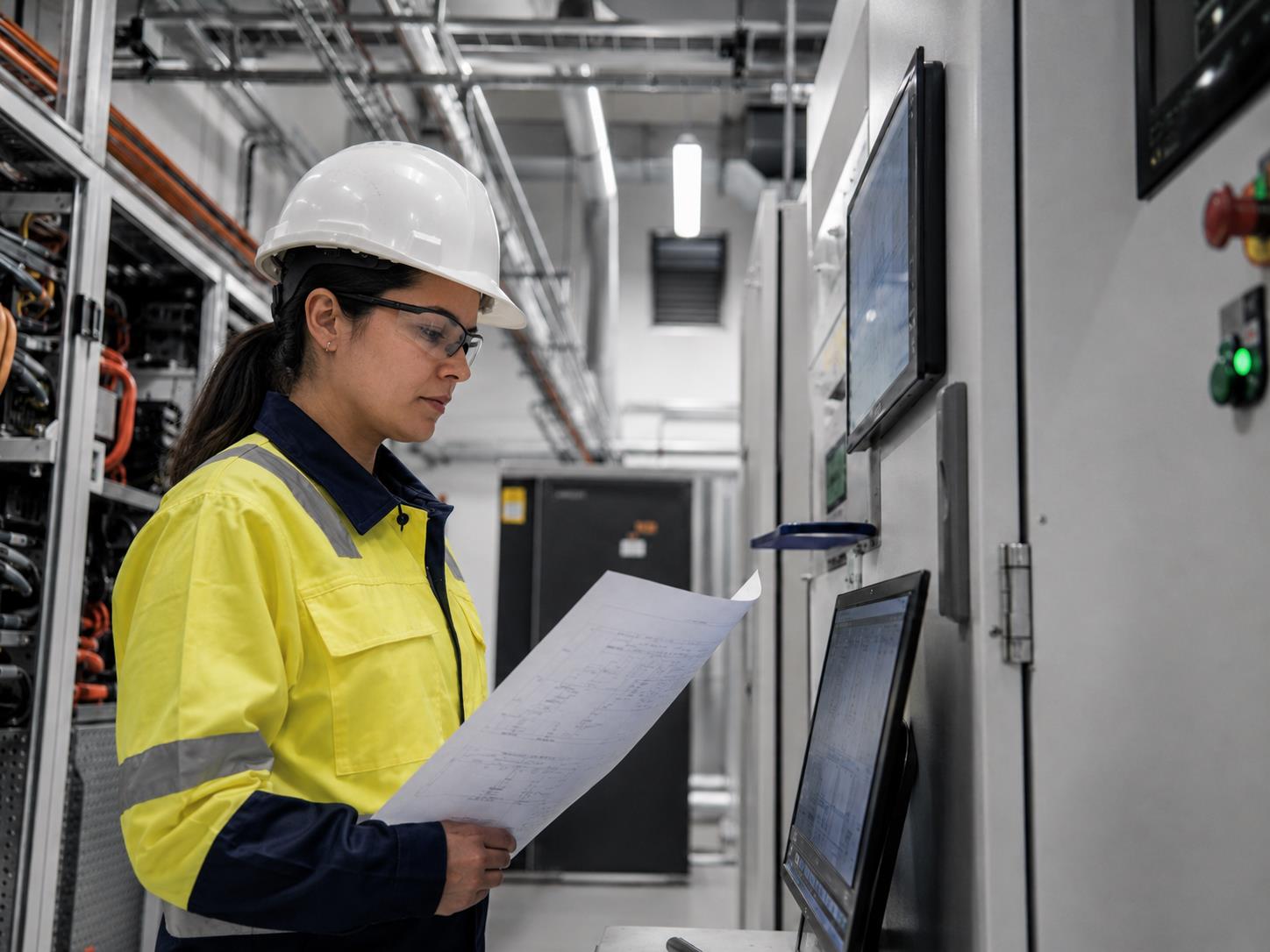 Ingeniera revisando documentación técnica frente a un gabinete de control de un sistema BESS